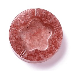 Rose Quartz Resin with Natural Rose Quartz Chip Stones Ashtray, Home OFFice Tabletop Decoration, Flat Round with Flower, 104x32mm, Inner Diameter: 61x68mm