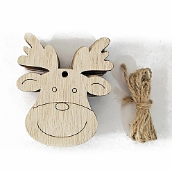Cerf Décorations de pendentifs en bois non finis, avec une corde de chanvre, pour les décorations de Noël, cerf, 7.5x6.3 cm, 10 pcs /sachet 