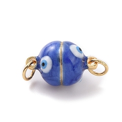 Royal Blue Brass Magnetic Clasps, with Enamel, Round with Evil Eye, Real 18K Gold Plated, Royal Blue, 16x10mm, Hole: 3mm
