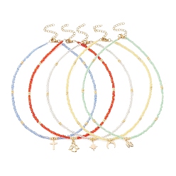 Mixed Shapes Brass Pendant Necklace with Glass Seed Beaded Chains for Women, Mixed Color, 14.96 inch(38cm)