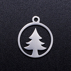 Stainless Steel Color 304 Stainless Steel Hollow Pendants, Ring with Christmas Tree, Stainless Steel Color, 15x13x1mm, Hole: 1.5mm