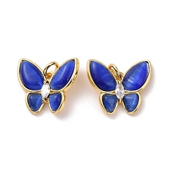 Medium Blue Butterfly Brass Micro Pave Clear Cubic Zirconia Pendants, with Cat Eye, with Jump Rings, Cadmium Free & Lead Free, Real 18K Gold Plated, Medium Blue, 15.5x17.5x4mm, Hole: 3.2mm