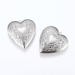 Stainless Steel Color 201 Stainless Steel Locket Pendants, Photo Frame Charms for Necklaces, Heart, Stainless Steel Color, 42x40x9mm, Hole: 2mm, Inner Size: 26x30mm