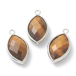 Tiger Eye Natural Tiger Eye Pendants, with Platinum Brass Edge, Faceted, Horse Eye, 22x12x5.5mm, Hole: 1.8mm