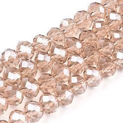 PeachPuff Electroplate Glass Beads Strands, Pearl Luster Plated, Faceted, Rondelle, PeachPuff, 4x3mm, Hole: 0.4mm, about 123~127pcs/strand, 16.5~16.9 inch(42~43cm)