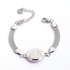 Stainless Steel Color Flat Round with Human 201 Stainless Steel Link Bracelets with 304 Stainless Steel Chain, with Lobster Claw Clasps, Stainless Steel Color, 6-1/4 inch(160mm), 7~8.5mm