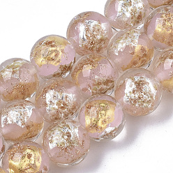Pink Handmade Gold Sand Lampwork Bead Strands, Half Silver Foil & Half Gold Foil, Round, Pink, 11.5~12.5x11~12mm, Hole: 1.2mm, about 45pcs/Strand, 20.08 inch