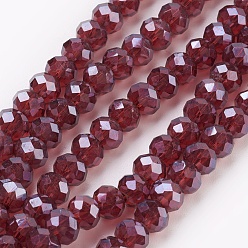 Dark Red Electroplate Glass Beads Strands, Pearl Luster Plated, Faceted, Rondelle, Dark Red, 6x4~5mm, Hole: 0.8~1mm, about 85~88pcs/strand, 16.1~16.5 inch(41~42cm)