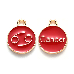 Cancer Alloy Enamel Pendants, Flat Round with Constellation, Light Gold, Red, Cancer, 15x12x2mm, Hole: 1.5mm, 50pcs/Box