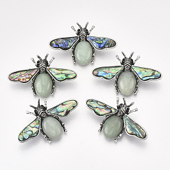 Green Aventurine Natural Green Aventurine Brooches/Pendants, with Rhinestone and Alloy Findings, Abalone Shell/Paua Shelland Resin Bottom, Bee, Antique Silver, 36x56.5x14mm, Hole: 7x4mm, Pin: 0.7mm