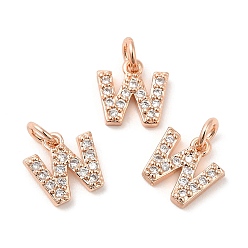 Real Rose Gold Plated Brass Micro Pave Grade AAA Cubic Zirconia Charms, Letter W, Cadmium Free & Nickel Free & Lead Free, Real Rose Gold Plated, 8.5x8x1.5mm, Hole: 2mm