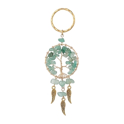 Green Aventurine Woven Net/Web with Wing Pendant Keychain, with Natural Green Aventurine Chips and Iron Key Rings, Flat Round with Tree of Life, 10.9~11cm