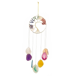 Pierre Mélangete Chakra plat rond avec arbre de vie carillons éoliens enveloppés de fil, avec des éclats de perles de pierres précieuses naturelles et des pendentifs en agate naturelle, 635mm