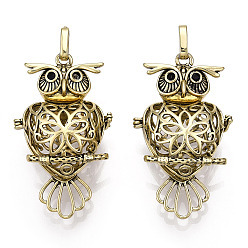 Antique Bronze Rack Plating Brass Cage Pendants, For Chime Ball Pendant Necklaces Making, Owl, Antique Bronze, 51x29x20mm, Hole: 4x7mm, inner measure: 18x20mm