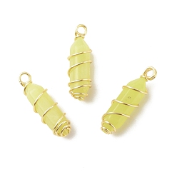 Lemon Jade Natural Lemon Jade Double Terminal Pointed Pendants, with Golden Tone Copper Wire Wrapped, Bullet, 26~26.5x8mm, Hole: 2.5~2.8mm
