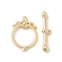 Real 18K Gold Plated Brass Toggle Clasps, Ring with Flower, Real 18K Gold Plated, Ring: 18.5x13x2mm, Hole: 1mm, Bar: 22x5x3mm, Hole: 1mm