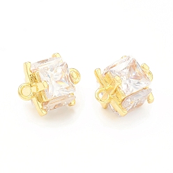 Real 18K Gold Plated Brass Clear Glass Connector Charms, Cube Links, Real 18K Gold Plated, 11x8.5x8.5mm, Hole: 1.2mm