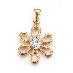 Golden 304 Stainless Steel Pendants, with Cubic Zirconia, Flower, Clear, Golden, 20x15.5x4mm, Hole: 5x3mm