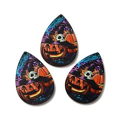 Colorful Single Face Printed Wood Big Pendants, Halloween Teardrop Charms, Colorful, 54x36.5x2.6mm, Hole: 2mm