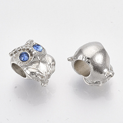 Sapphire Platinum Plated Alloy European Beads, with Rhinestones, Large Hole Beads, Owl, Sapphire, 11x9x9mm, Hole: 4.5mm