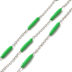 Green Enamel Column Link Chains, with 304 Stainless Steel Cable Chains, Unwelded, with Spool, Green, 14~17x2~3mm and 1.5x2x0.5mm, about 32.81 Feet(10m)/Roll