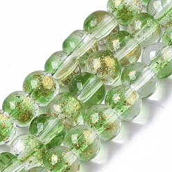 Lime Green Transparent Spray Painted Glass Bead Strands, with Golden Foil, Round, Lime Green, 4~5mm, Hole: 0.9~1.2mm, about 95~103pcs/Strand, 13.78 inch~14.88 inch(35~37.8cm)