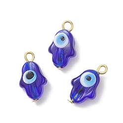 Azul Colgantes hechos a mano del lampwork del ojo malvado, con fornituras de hierro, hamsa mano, azul, 17.5~18x10x6~7 mm, agujero: 1.8~2 mm