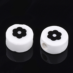 Creamy White Handmade Porcelain Beads, Flat Round with Flower, Creamy White, 8~8.5x4.5mm, Hole: 2mm