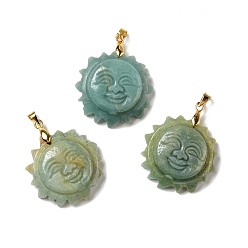 Flower Amazonite Natural Flower Amazonite Pendants, with Golden Tone Brass Findings, Lead Free & Cadmium Free, Sun with Smiling Face, 36x29~29.5x9.5mm, Hole: 4x5mm