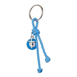 Bleu Ciel Clair Porte-clés pendentifs en émail en alliage de zinc croix et mauvais œil, avec cordon en polyester et anneau fendu en fer, lumière bleu ciel, 10 cm