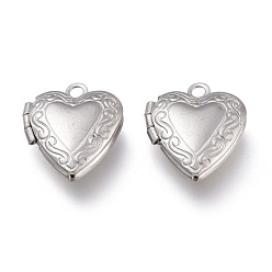 Stainless Steel Color 316 Stainless Steel Locket Pendants, Photo Frame Charms for Necklaces, Heart, Stainless Steel Color, 15x13x4.5mm, Hole: 1.6mm, Inner Diameter: 8x6mm