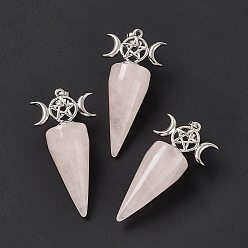 Rose Quartz Natural Rose Quartz Pendants, Cone Charms, with Platinum Tone Brass Triple Moon with Star Findings, Cadmium Free & Nickel Free & Lead Free, 47~50x23x14.5~15mm, Hole: 7.5x5mm