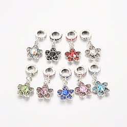 Mixed Color Flower Antique Silver Plated Alloy Rhinestone European Dangle Charms, Large Hole Pendants, Mixed Color, 29x12x4.5mm, Hole: 5mm