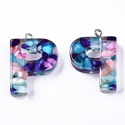 Letter P Transparent Epoxy Resin Pendants, with Shell Slices and Loops, Alphabet, Letter.P, 30x21.5x7.5mm, Hole: 1.6mm