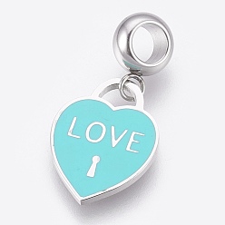 Cyan 304 Stainless Steel European Dangle Charms, Large Hole Pendants, with Enamel, Heart Lock with Word Love, For Valentine's Day, Stainless Steel Color, Cyan, 27mm, Hole: 4mm, Pendant: 17.5x13x1mm