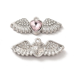 Pink Rack Plating Alloy Rhinestone Charms, with Glass, Nickel Free, Heart with Wings, Platinum, Pink, 10.5x27.5x5mm, Hole: 1.6mm