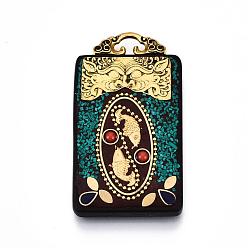 Dark Turquoise Handmade Indonesia Big Pendants, Wood Settings, with Brass Findings and Alloy Loop, Rectangle with Cyprinoid, Dark Turquoise, 58x33x8mm, Hole: 8x4mm