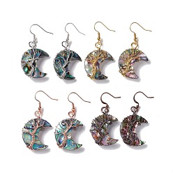 Mixed Color Natural Paua Shell Crescent Moon Dangle Earrings, Brass Wire Wrap Jewelry for Women, Cadmium Free & Lead Free, Mixed Color, 48~50mm, Pin: 0.5mm