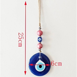 Blue Flat Round with Evil Eye Glass Pendant Decorations, Jute Cord Car Wall Hanging Ornaments, Blue, 250x60mm