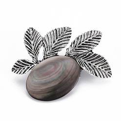 Gray Natural Black Lip Shell Oval with Leaf Brooch, Alloy Badge with Loop for Jewelry Pendant, Cadmium Free & Lead Free, Antique Silver, Gray, 34x44x10mm, Hole: 5x5.5mm, Pin: 0.7mm
