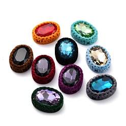 Color mezclado Coser flocky en diamantes de imitación, diamantes de imitación de cristal, con fornituras de latón flocado, accesorios de prendas de vestir, oval, color mezclado, 28x21.5x8.5 mm, agujero: 1.6 mm