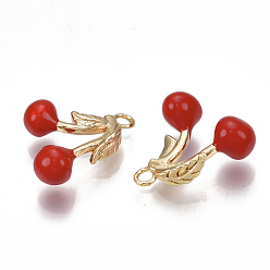 Real 18K Gold Plated Brass Charms, with Enamel, Cherry, Red, Nickel Free, Real 18K Gold Plated, 14x13x5mm, Hole: 1.6mm