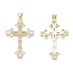 Clear Brass Micro Pave Cubic Zirconia Pendants, with Brass Snap on Bails, Real 18K Gold Plated, Nickel Free, Cross, Clear, 42x27.5x5mm, Hole: 3x5mm