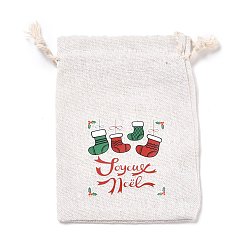 Christmas Socking Pochettes de rangement en tissu de coton de noël, rectangles sacs à cordon, pour les sacs-cadeaux de bonbons, chaussette de noël, 13.8x10x0.1 cm