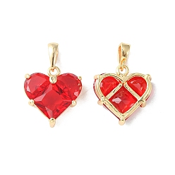 Red Brass Micro Pave Cubic Zirconia Charms, Heart Charm, Real 18K Gold Plated, Red, 14.5x13.5x5mm, Hole: 3x2.5mm