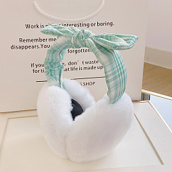 Aigue-marine Cache-oreilles bandeau pliable en laine pour femmes, cache-oreilles d'hiver en plein air, avec noeud en coton motif tartan, aigue-marine, 150mm