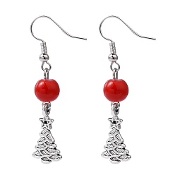 Red Dangle Earrings, Christmas Tree Earrings, with Glass Beads and Brass Earring Hook, Red, 48mm