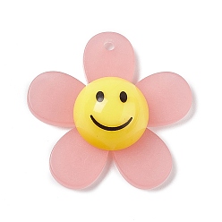 Pink Frosted Translucent Acrylic Pendants, Sunflower with Smiling Face Charm, Pink, 29x30x9mm, Hole: 1.8mm