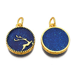 Dark Blue Alloy Enamel Pendants, Cadmium Free & Lead Free, with Glitter Powder and Jump Rings, Matte Gold Color, Flat Round with Deer, Dark Blue, 17x14x2.5mm, Jump Ring: 5x1mm, 3mm inner diameter