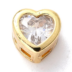 Clear Brass inlaid Cubic Zirconia Slide Charms, Real 18K Gold Plated, Heart, Clear, 6.5x6.5x4mm, Hole: 0.8x2mm